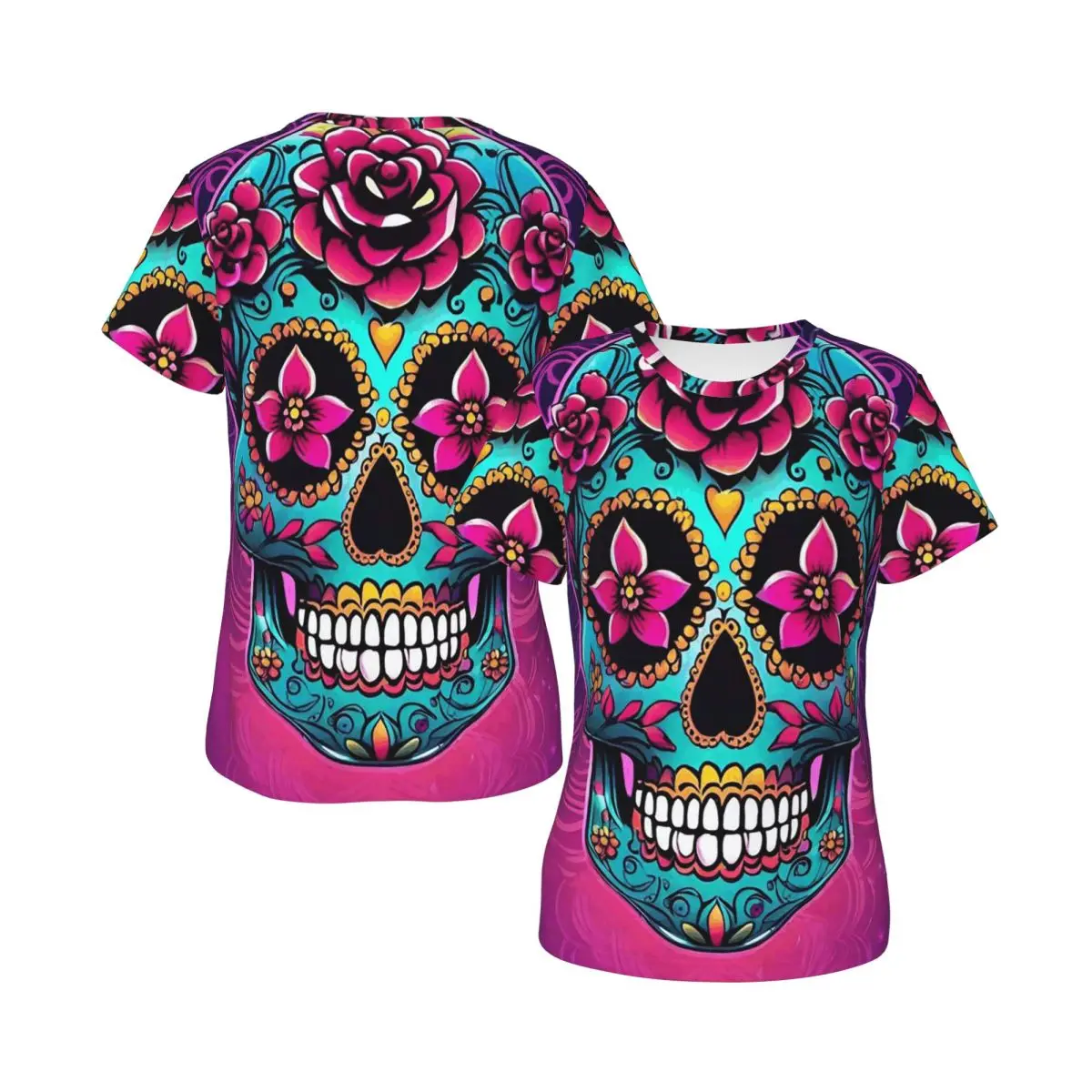 Mexican Sugar Skulls And Flowers T-Shirt for Women Round Neck Streetwear T Shirts Women's Short Sleeve Summer Clothes Tops