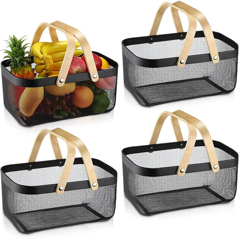 

4 Pcs Metal Wire Storage Basket with Handle Mesh Garden Harvest Durable Vegetables Fruit Basket for Organizing, Kitchen,