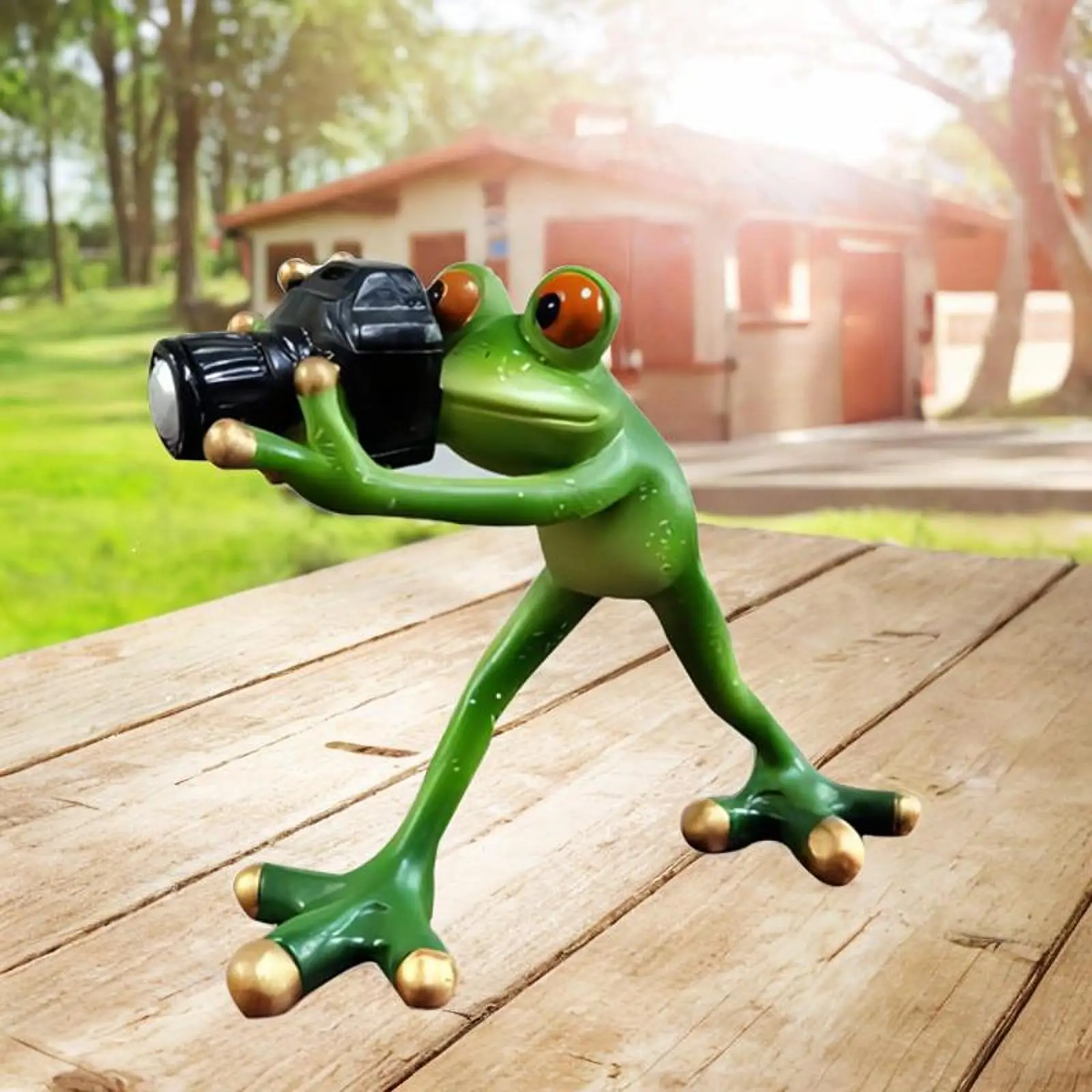 

Green Frog Taking Photos Statue Lawn Ornament Yard Decoration for Outside Pond Decor Lifelike