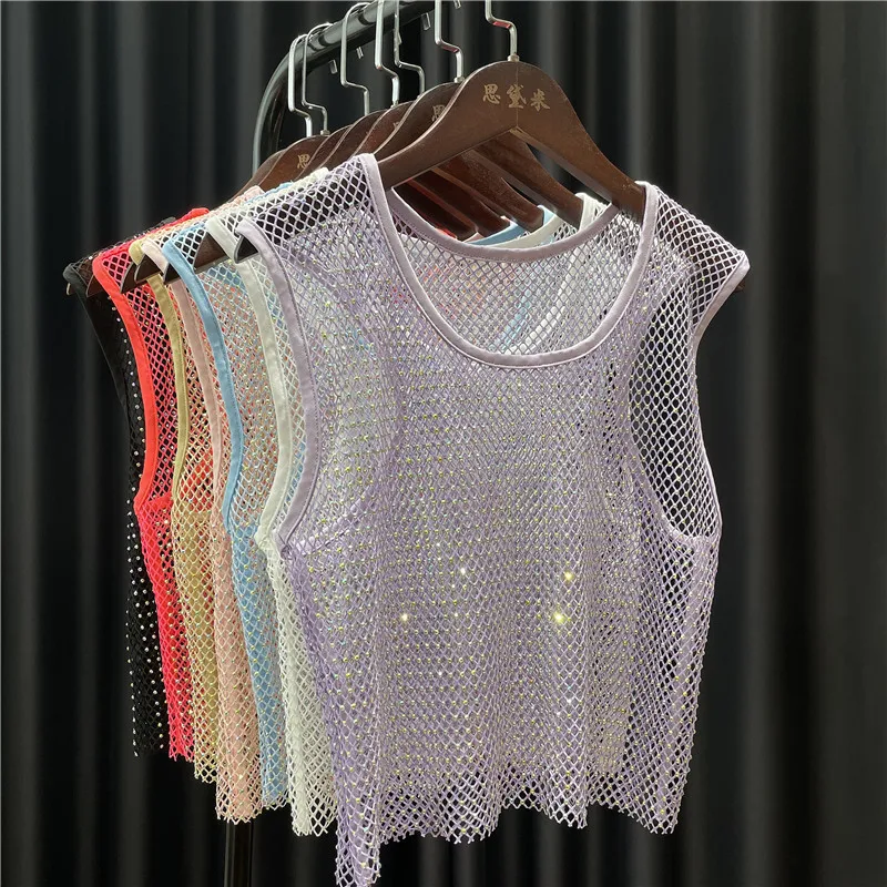 Crystal Diamond Mesh Tops for Women Small Vest Round Collar Shirt Tank Fishnet Slim Fit Cropped Navel Short Summer Girls