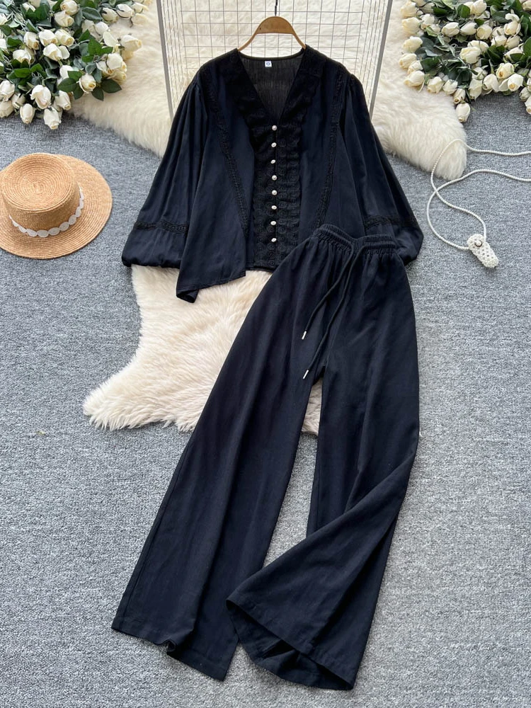 

Ele V-Ne Lace Splice Loose Casual irt High Waist Wide Leg Straight Pants Two-Piece Set for Women Autumn Commute Faion