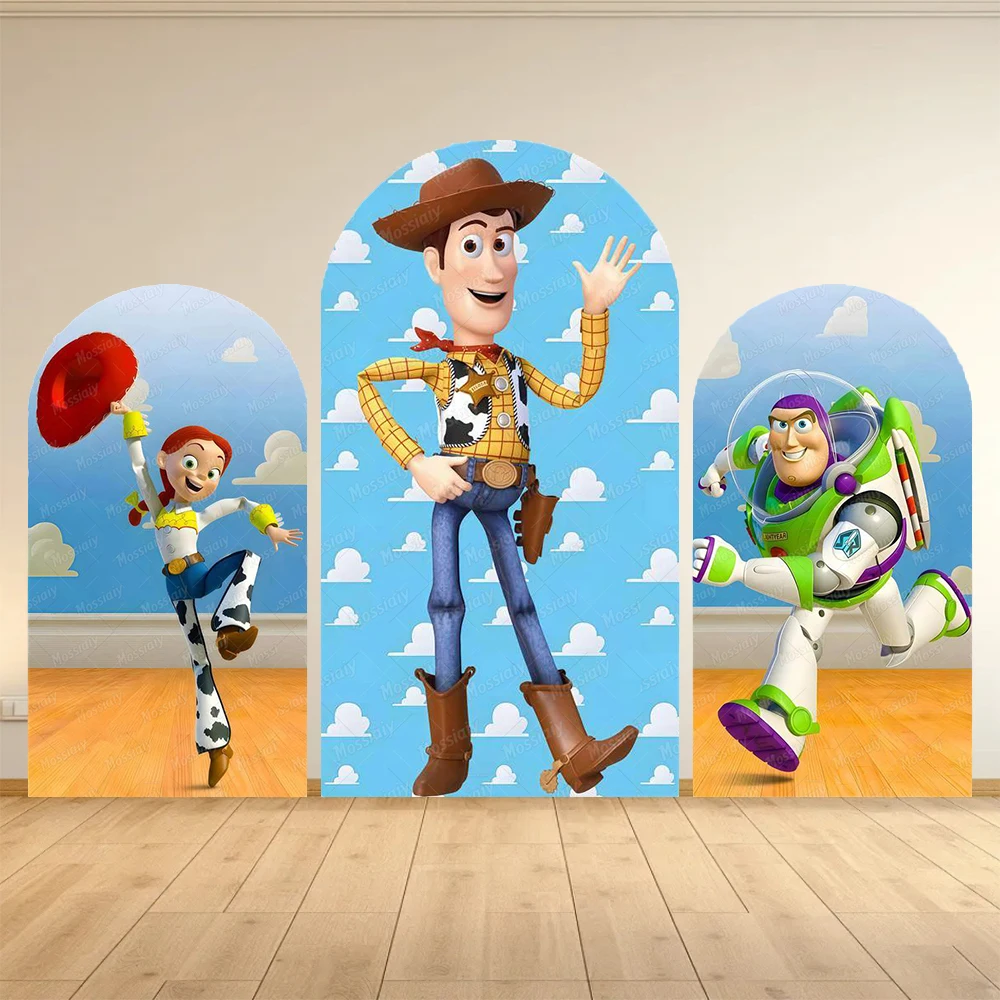 Toile de fond de fête d'anniversaire pour enfant, motif Toy Story, ciel bleu et nuages blancs, pour photographie, avec accessoires de décoration Cowboy Woody Buzz