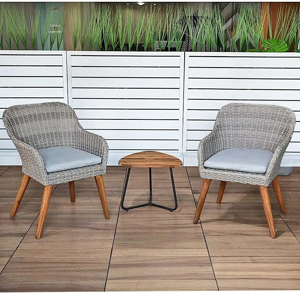 3-Piece Bistro Set with Seat Cushion, Two Chairs and Wood Top Side Table, Gray Wicker with Wood Leg