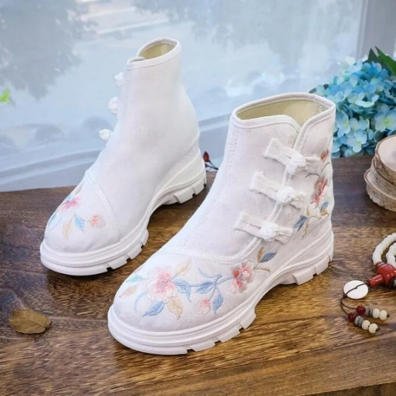 Ethnic Embroidered Women Short Boots Round Toe Casual Autumn Shoe with Buttons Girls Height Increased Vintage Ankle Booties