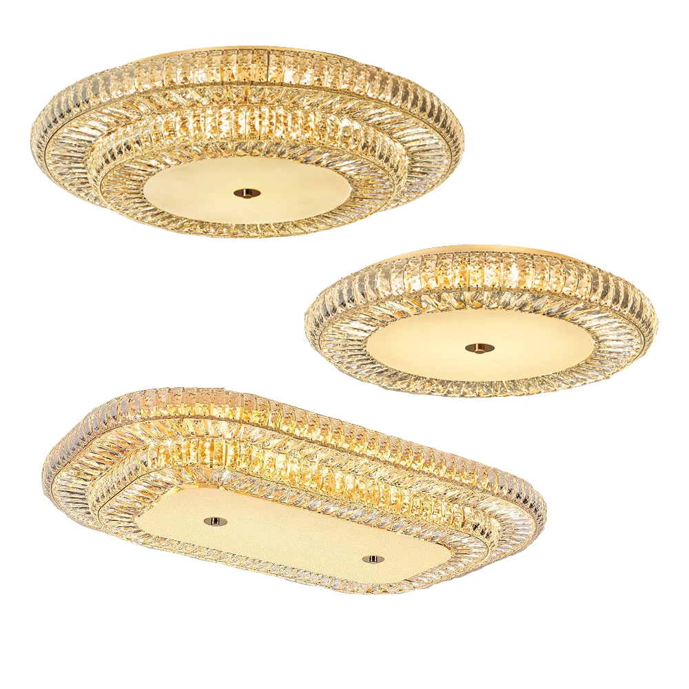 Luz de techo redonda rectangular de decoración de habitación moderna dorada, lámpara de techo de lujo Led regulable Cristal Lamparas D e Techo