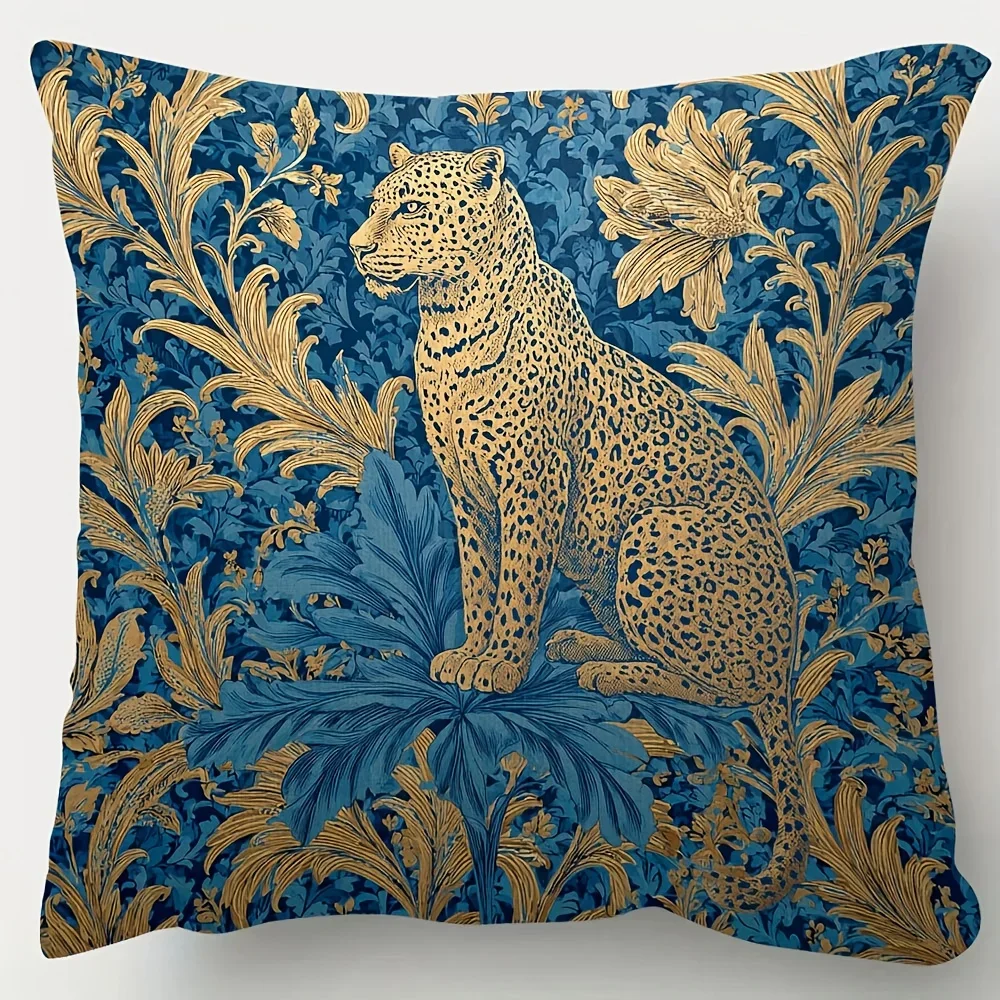 1Pc Vintage Leopard Floral Cushion Cover Blue Gold Botanical Animal Print Pillowcase For Sofa Bedroom Home Decor Decorative