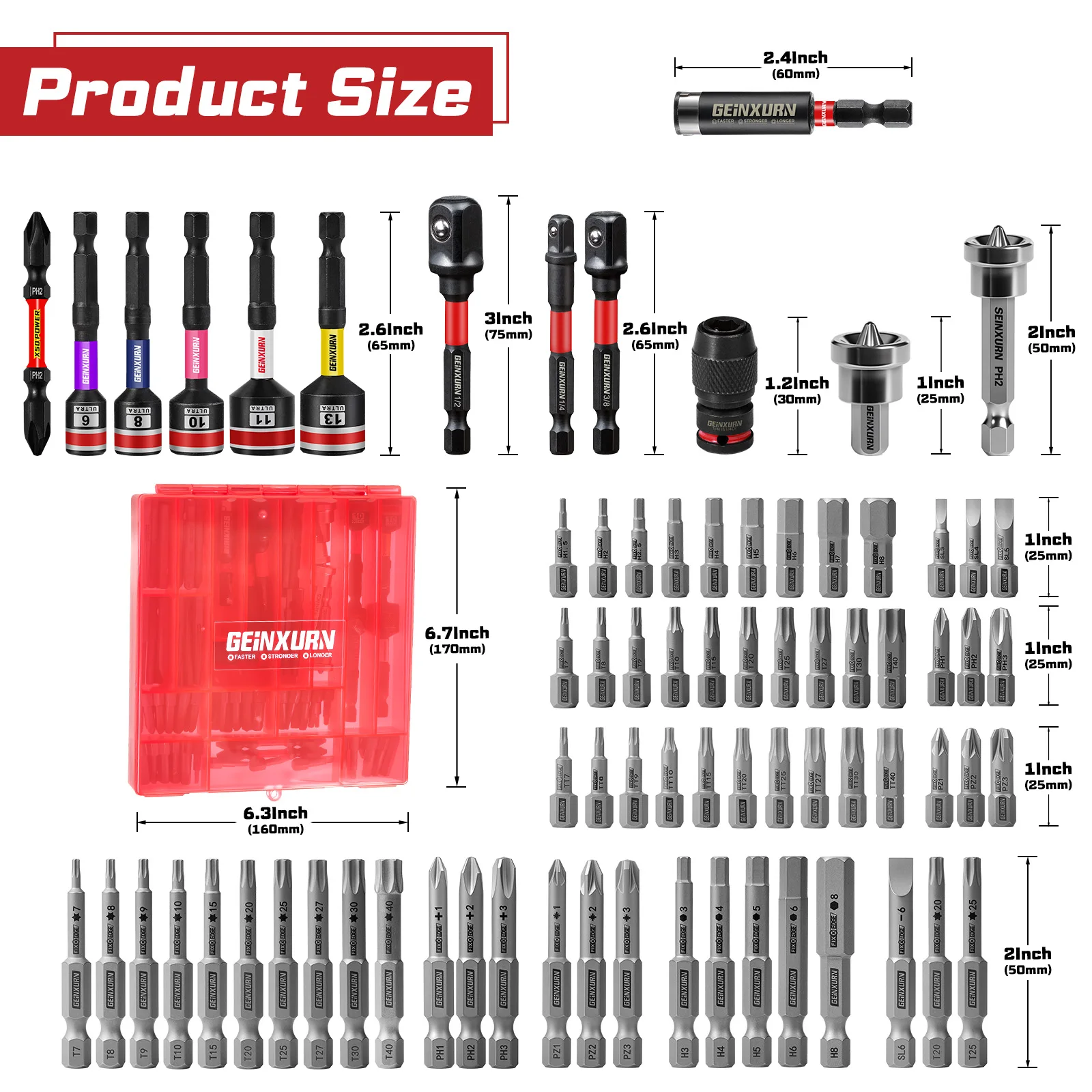 Geinxurn Impact Driver Bit Set with Socket and Extension Bar, Metric Socket and Repair Screwdriver Bits Kit for DIY