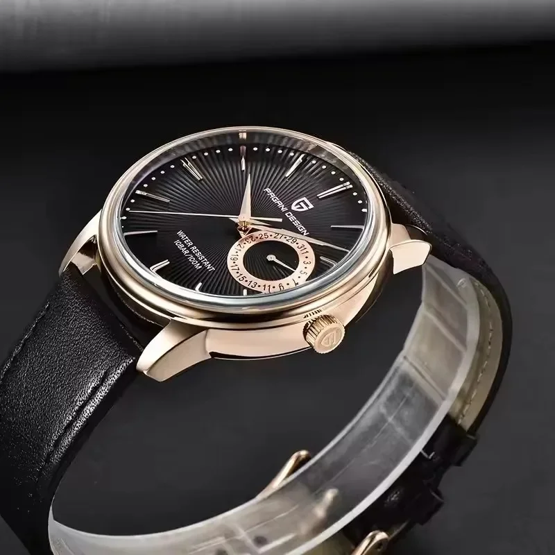 PAGANI DESIGN PD1654, Men Quartz Watch, 30M Waterproof, Leather Strap, 40MM Dial, Business Dress Watch, Sunburst Dial, Small