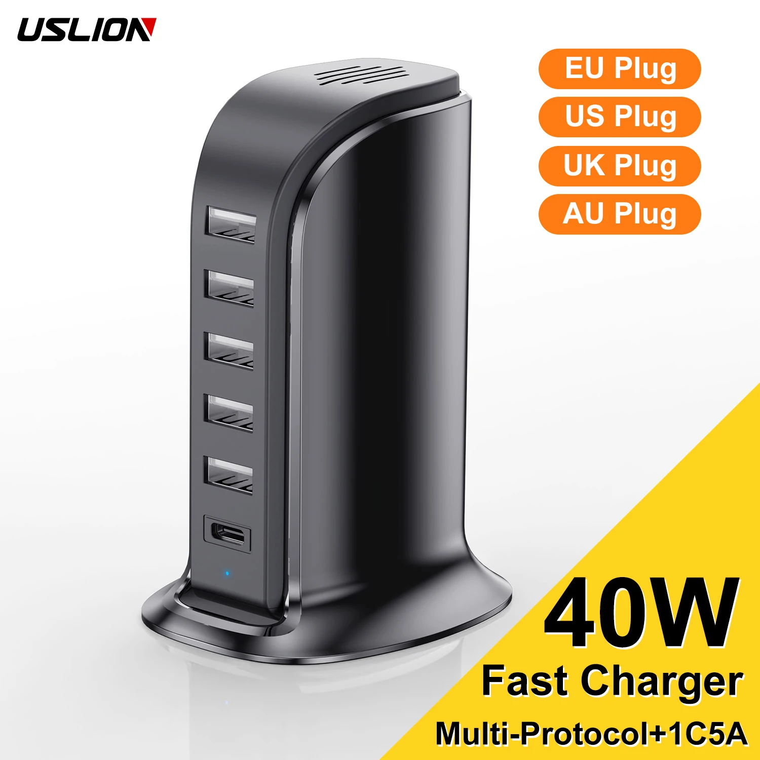 USLION PD 40W USB Charger 6 in 1 Desktop Fast Charge USB Type C Charger For iPhone Xiaomi POCO Realme Smartphone Laptop Charger