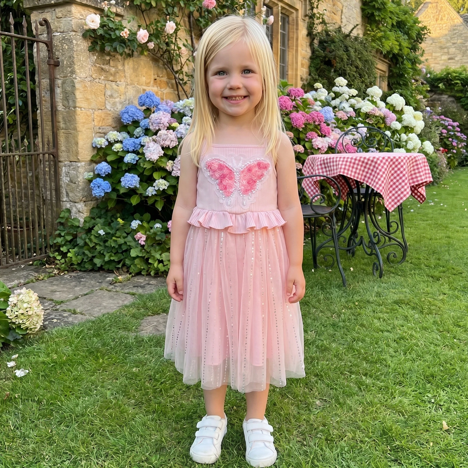 3-10Y Children Girls Summer Princess Tulle Mesh Dress Butterfly Applique Spaghetti Strap Sequin Mesh Tutu Dresses