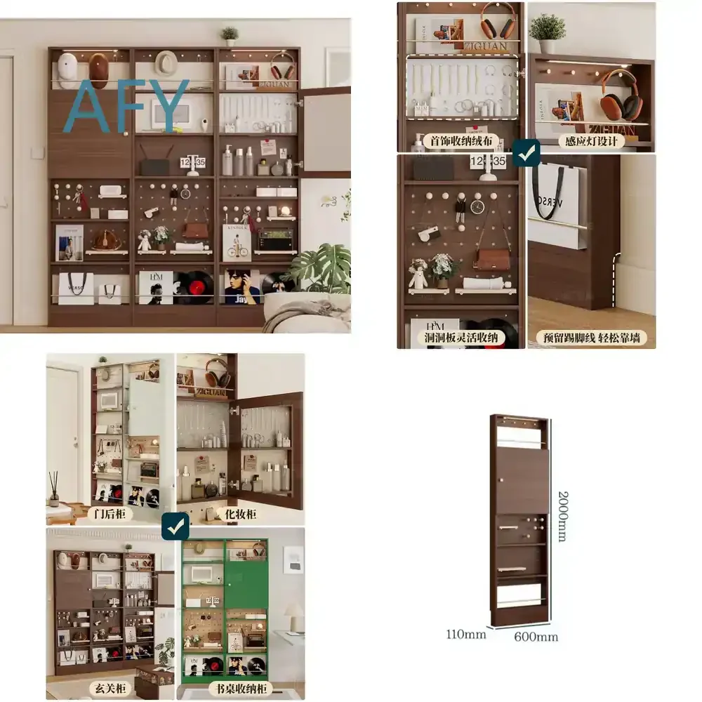 Solid Wood Thin Cabinet for Home American Door Living Room Shelf Bedroom Medieval Style Paint-Free Hole Board Floor Standing