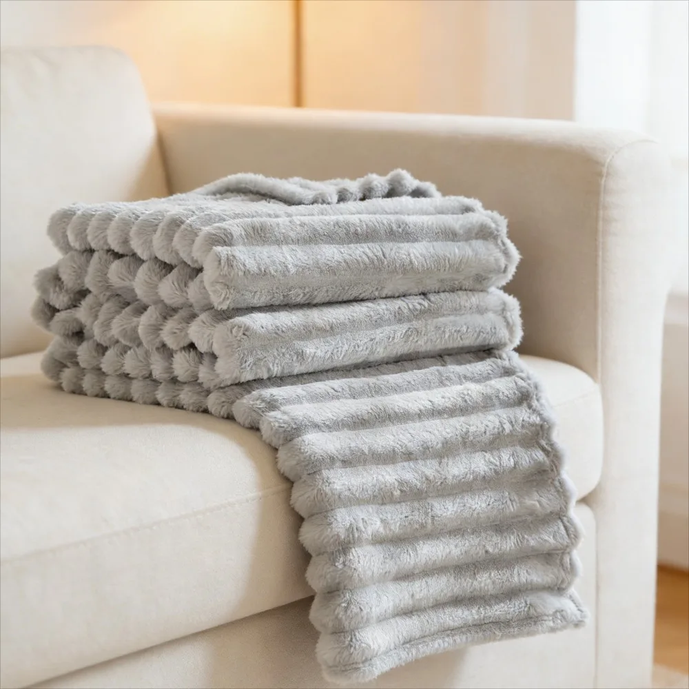 

Ribbed Flannel Blanket Double Sided Thickened Nap Blanket Winter Throw Blanket Sofa Blanket Hemmed Blanket