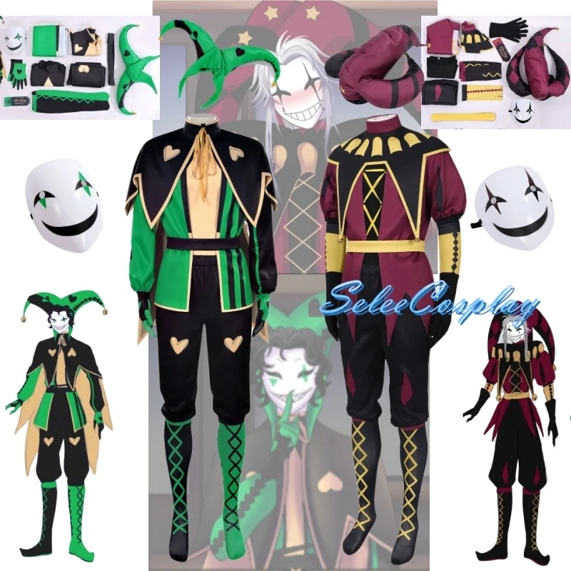 Freak Circus Pierrot Cosplay arlequin payaso máscara sombrero Halloween Horror hombres niño niña ropa de juego de rol payaso rojo verde traje Unisex
