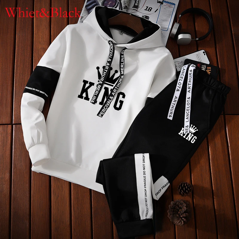 New Fashion King Print Men Hoodies Pants 2Pcs/Sets Sweatshirt Sweatpants Male Gyms Fitness Tops Trousers Joggers Sportswear