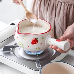 800/1000ml Strawberry Cherry Ceramic Milk Pan Kitchen Soup Pot Cookware For Oatmeal Butter Cooking Pan With Wooden Gas Open Fire