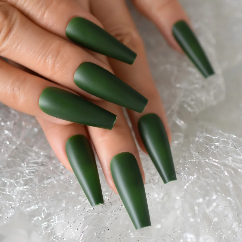 24 pçs/set dicas de unhas falsas fosco cobertura completa super longo ballet unhas falsas verde oliva ferramentas manicure francesa 1 folha cola adesivo