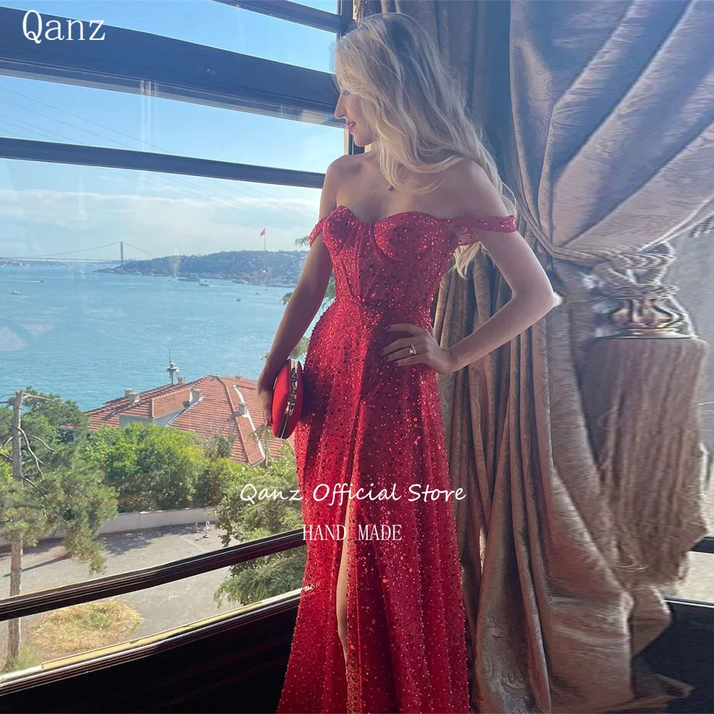 

Qanz Sequined Red Evening Dresses Off The Shoulder Mermaid Prom Dress Luxury High Side Slit Floor Length Party Dress Women elega