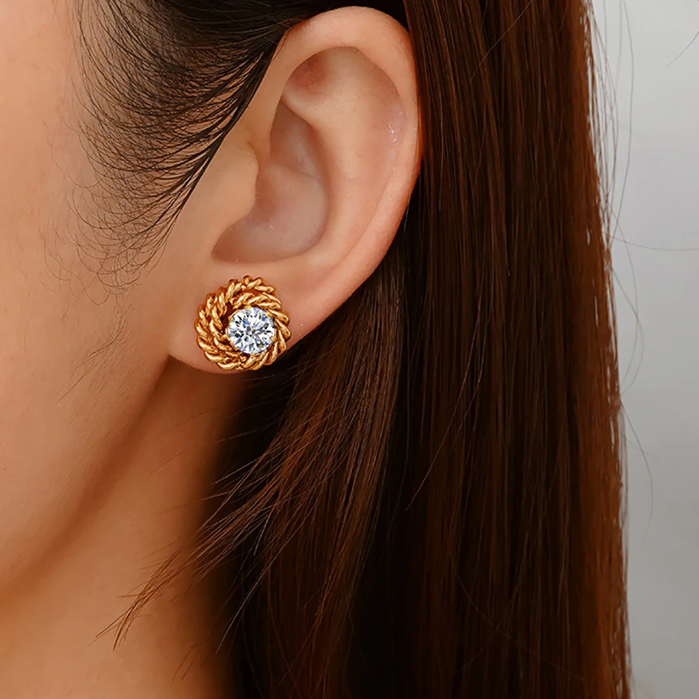

1 Pair Irregular Twisted Round CZ Stud Earrings Female Gold Color Stainless Steel Circle Zircon Earrings for Women Jewelry Gift