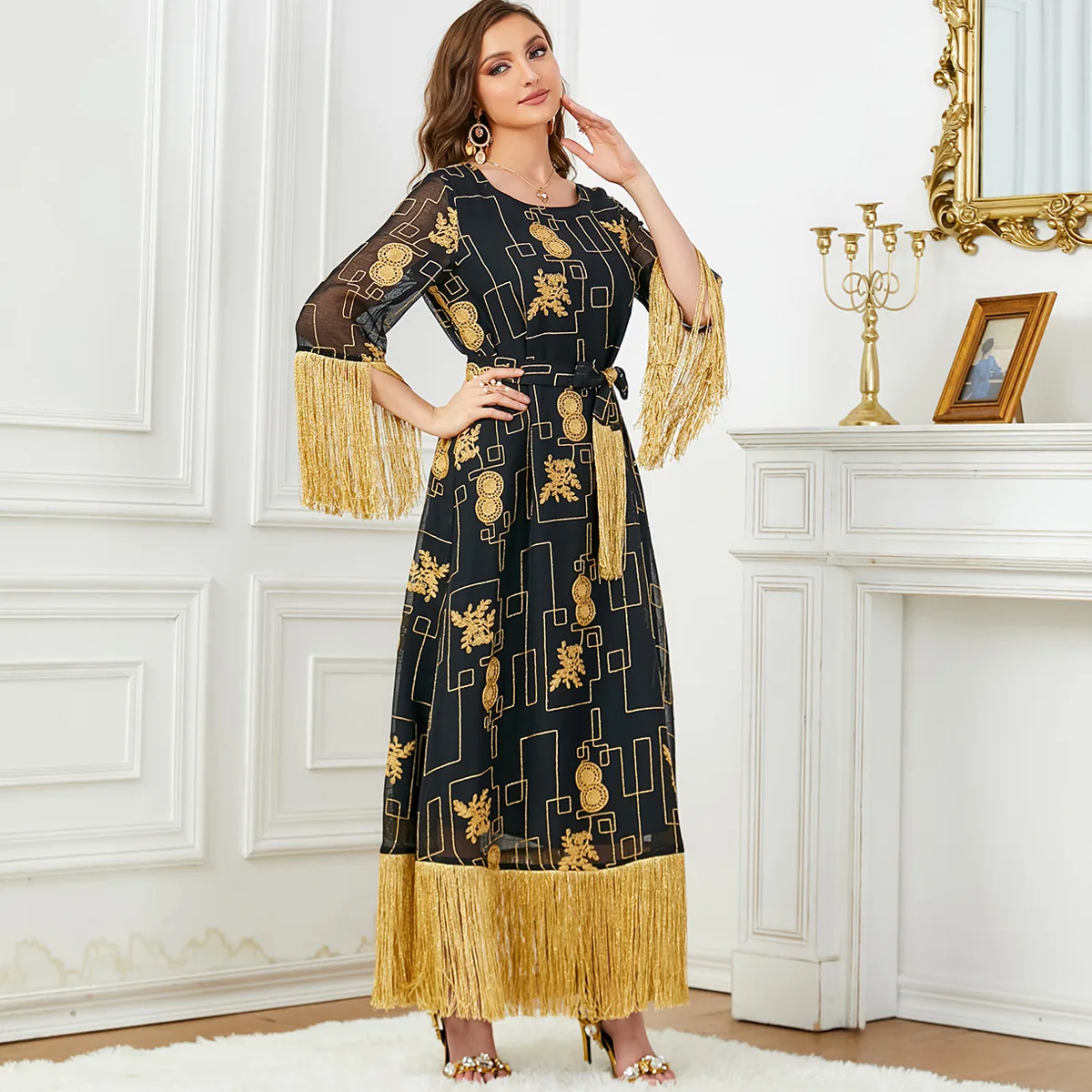 

Morocco Kaftan Tassel Sleeve Belted Muslim Dress for Women Jalabiya Abaya Dubai Evening Dresses Robe Eid Ramadan Caftan Vestidos