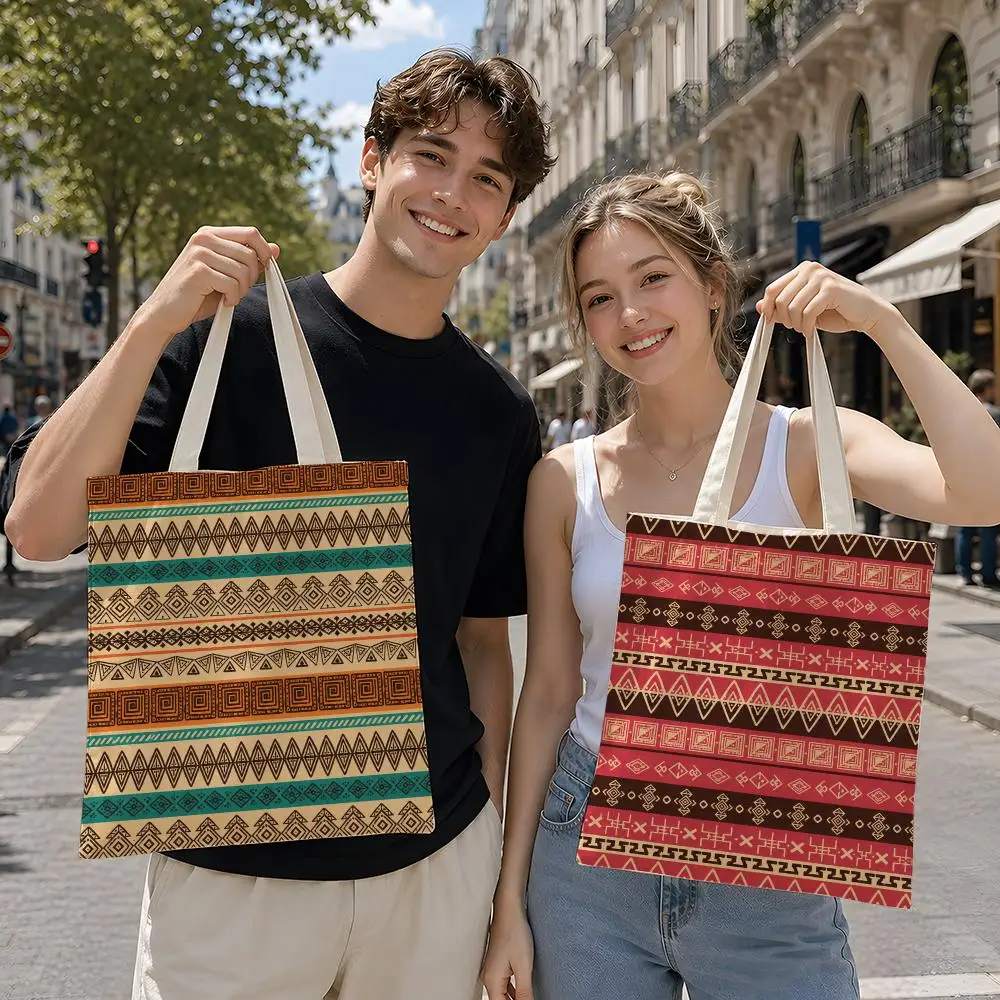Pattern Boho V-Vintage Tribal Geometric Storage Bags Reusable Canvas Tote Suitable for School Class Commuting Shopping as Gifts