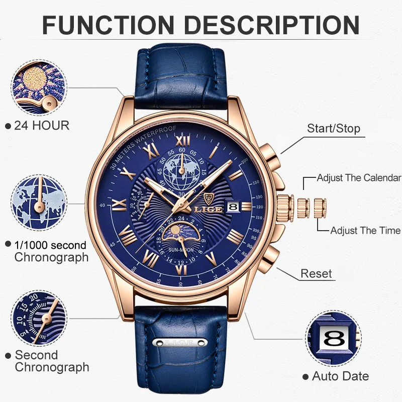 Fashion Watches Mens LIGE Top Brand Luxury Casual Leather Quartz Men Watch Business Clock Male Sport Waterproof Date Chronograph