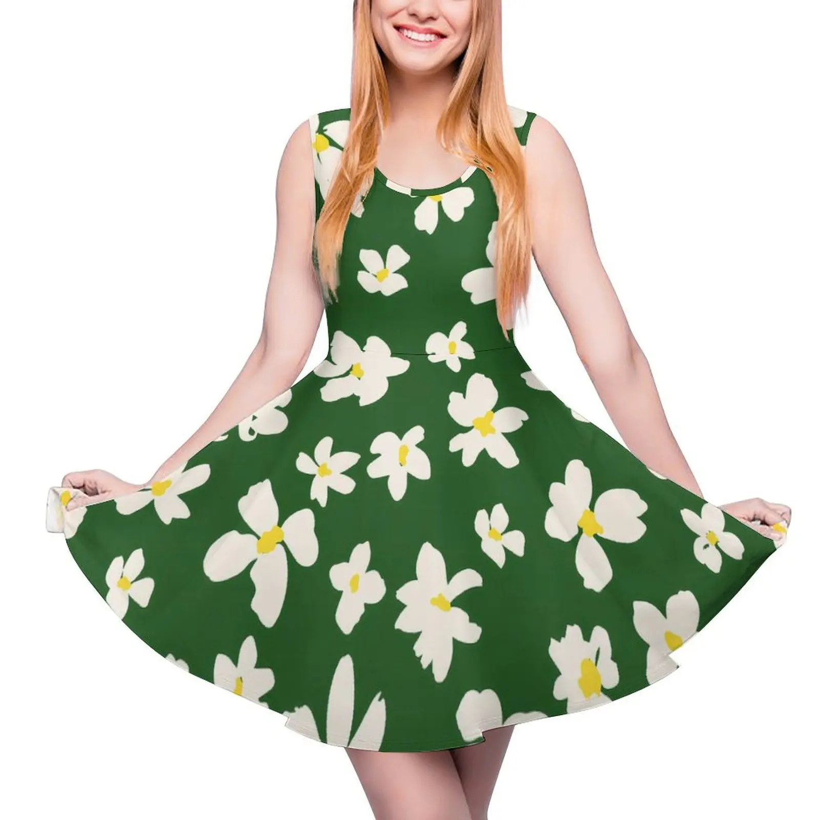 

Daisies Floral Print Dress High Waist White Flowers Street Wear Dresses Summer Ladies Oversized Sexy Graphic Skate Dress