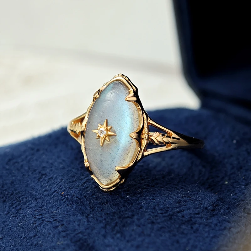 LAMOON Gemstone Labradorite Ring For Women Natural Stone 925 Sterling Silver Gold Vermeil Jewelry Mysterious Sky Vintage Ring