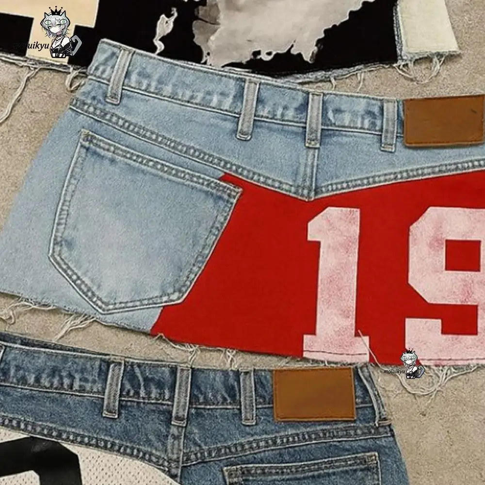 Womens Hip Hop Y2k Mini Short Skirts Applique Print Denim Goth Street Harajuku Vintage High Waist Sexy Loose Casual girls Skirt view 4
