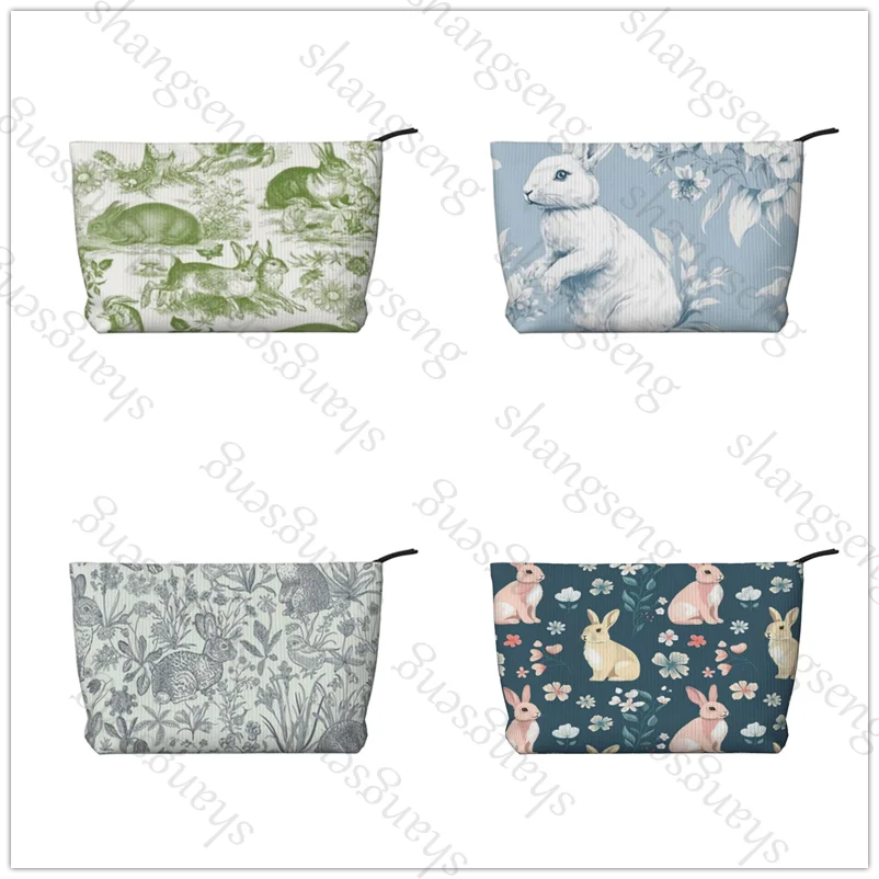 

Vintage Blue Floral Rabbit Cosmetic bag toiletry storage bag ladies box, corduroy cosmetic bag, travel zipper storage bags