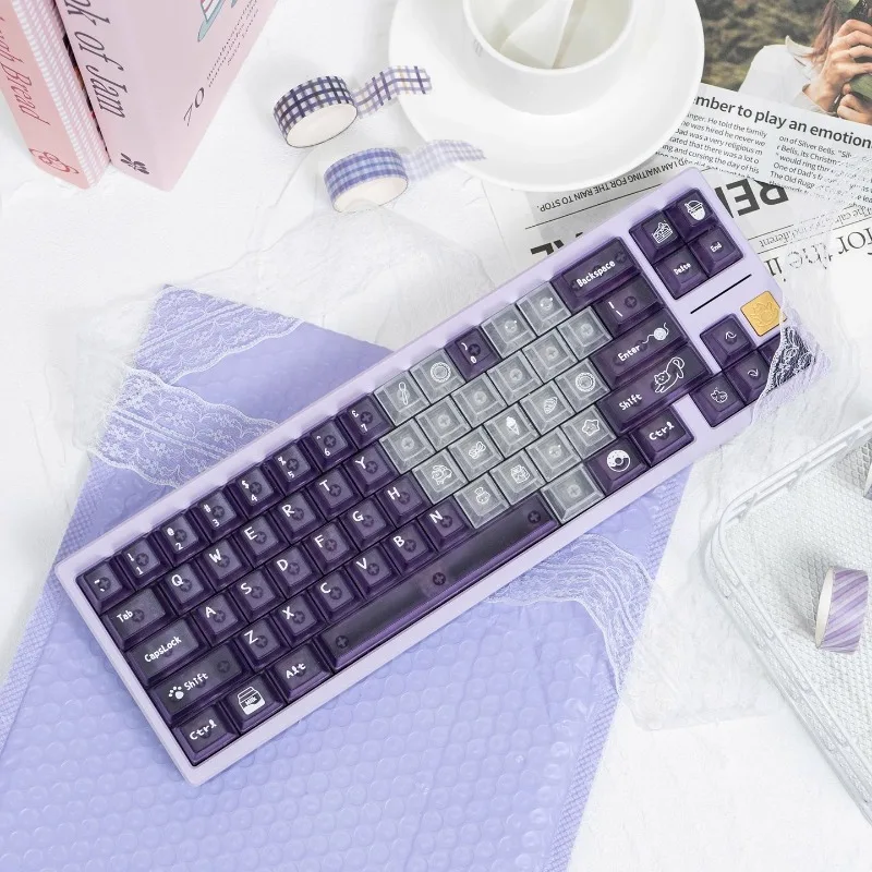 Cute Meow Dessert Theme Keycaps Purple Mist Transparent PC Cherry Profile Custom Gaming Keycaps for Mechanical Keyboard PC Gift