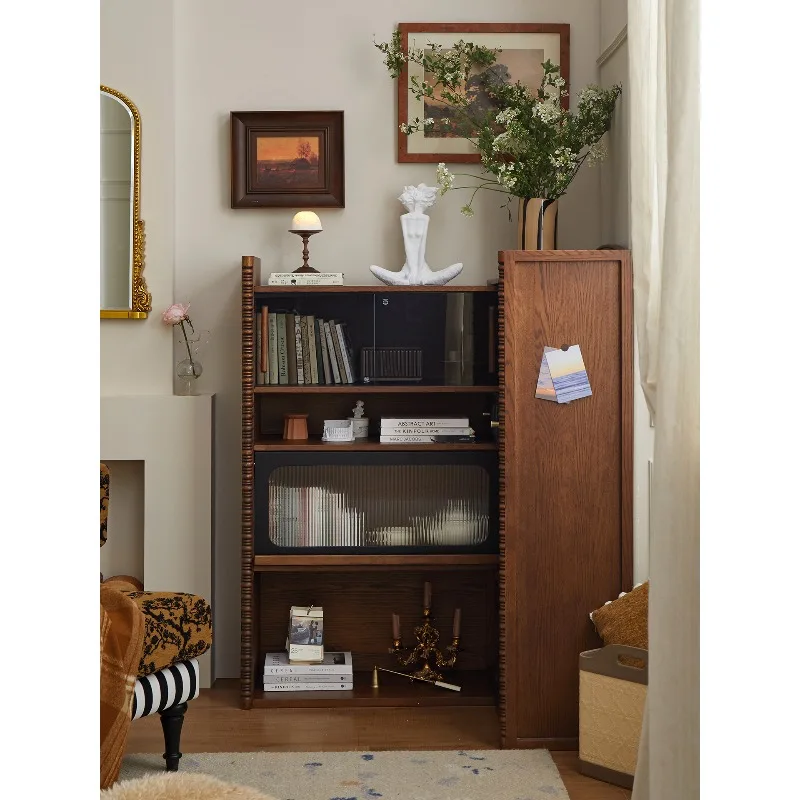 medieval solid wood retractable bookcase, small apartment living room household French dining side cabinet, bedroom integrated