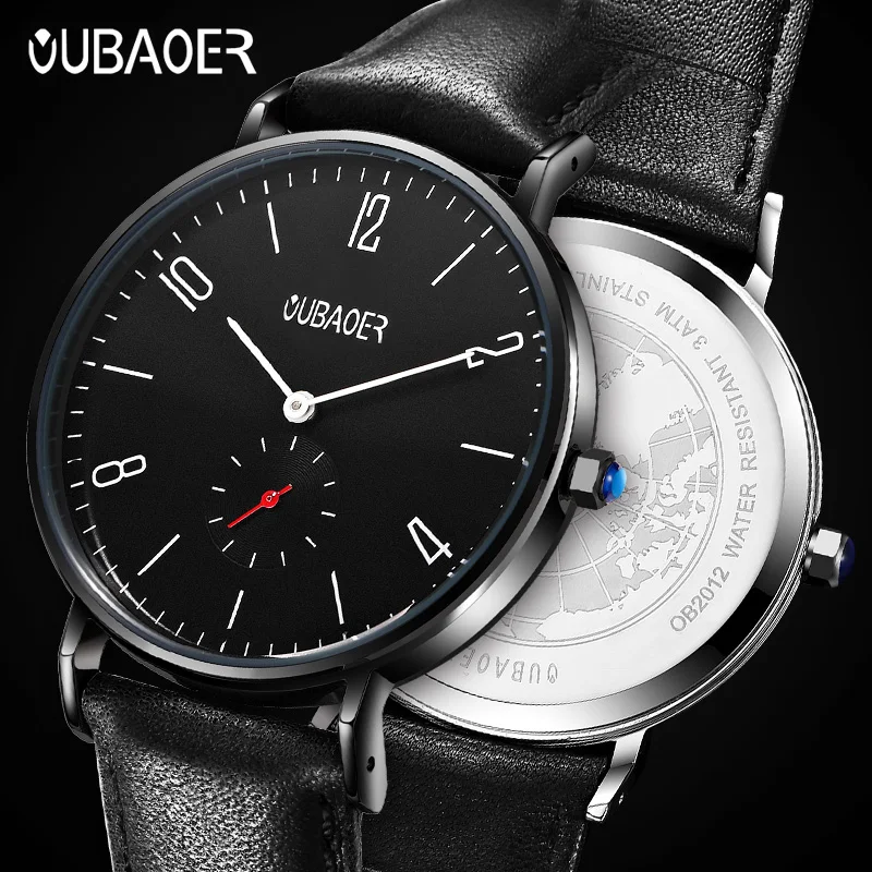 OUBAOER Men's Ultra Thin Quartz Wristwatch Premium Real Leather Band Hardened Mineral Glass Waterproof Minimalist Male Timepiece