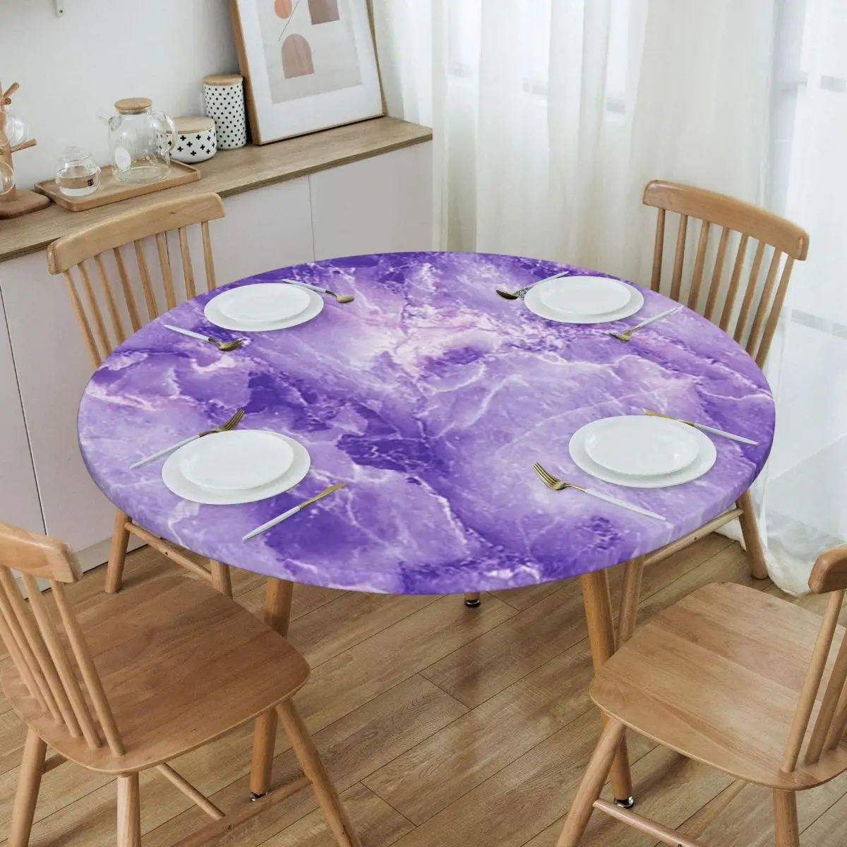 MARBLE - PURPLE Waterproof Round Tablecloth Oilproof Table Cloth for Kitchen Events Dining Table Cover