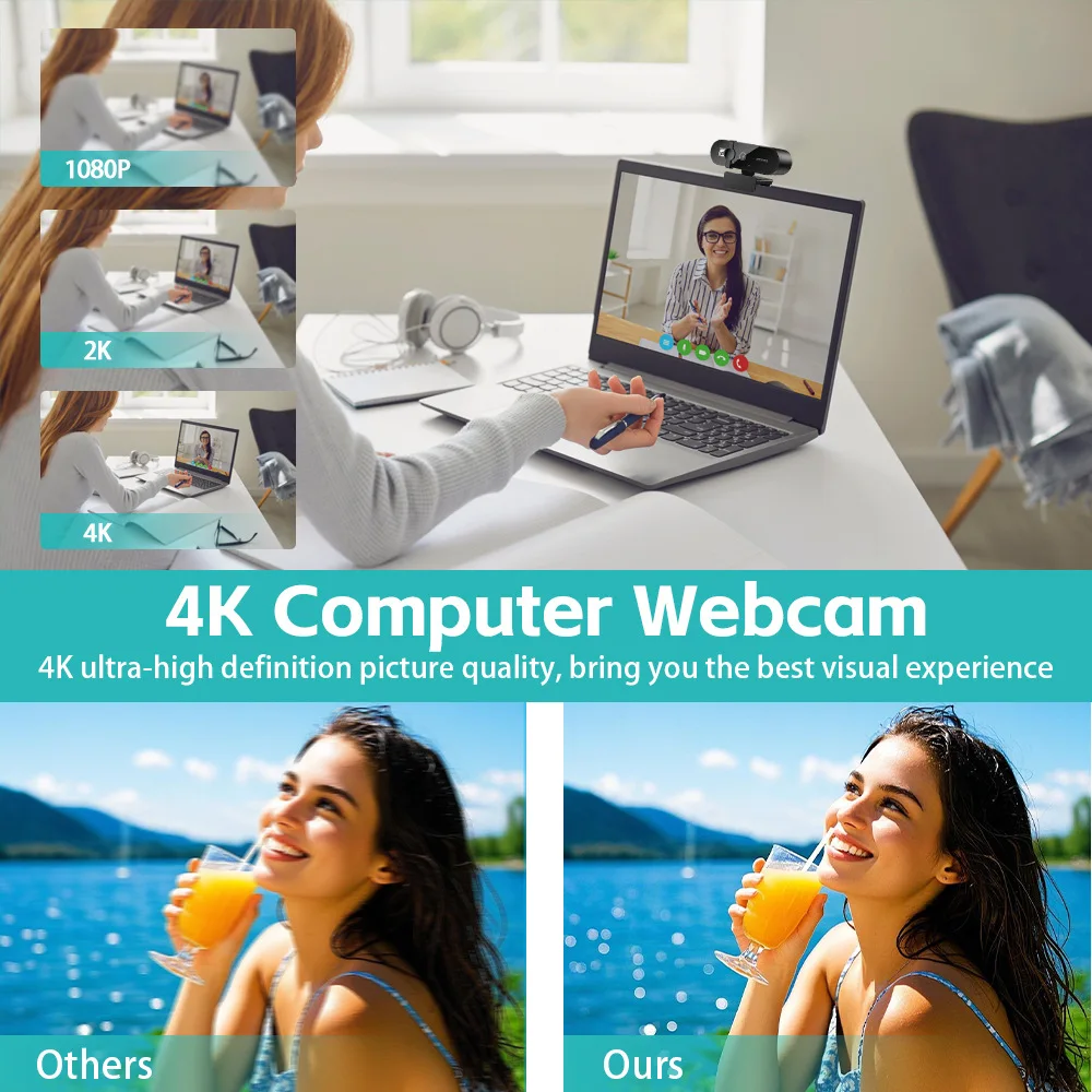 4K 2K HD Webcam Auto Focus with Mic USB Plug&Play Privacy Cover PC Laptop Camera for Online Class Meeting Live Streaming