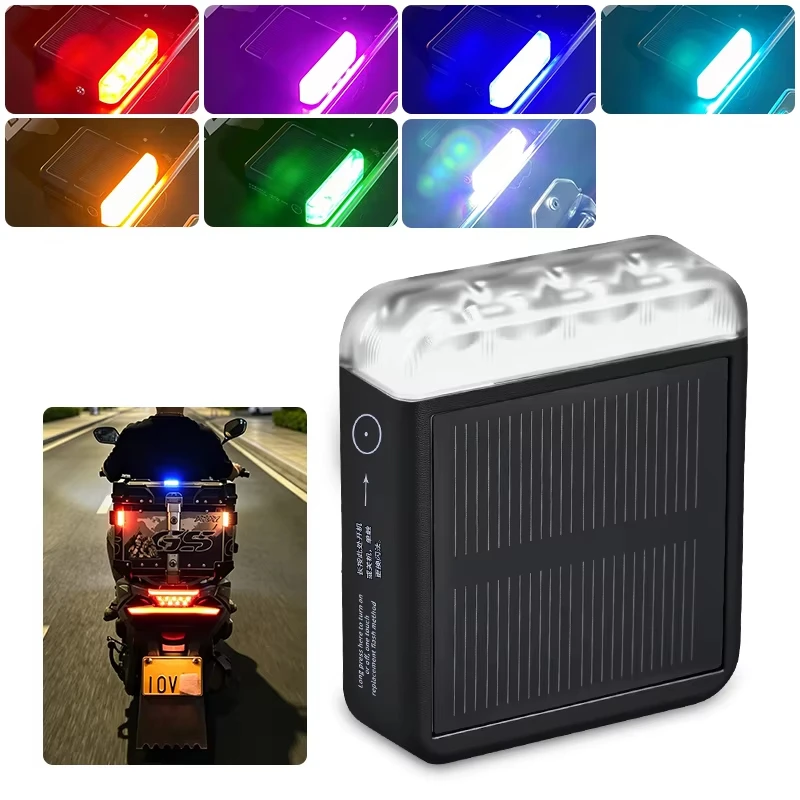 Motorcycle Solar Warning Light LED Car Wireless Strobe Light No Wiring Vibration Sensor Auto Flash Tail Lamp Decor Night Lamp