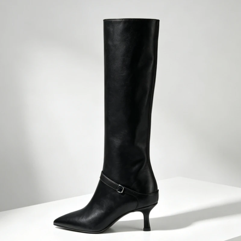 Winter Sexy Kitten Heels Rider Boots Woman British Style Pointed Toe Knee-High Boots Fashion Buckle Decoration Designer Boots