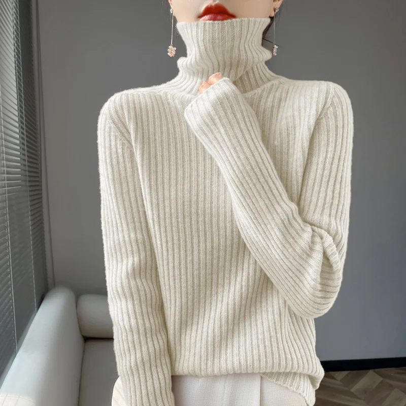 Women Autumn Winter New Wool Blend Sweater Pile Collar Vertical Stripes Pullover Bottoming Shirt Casual Warm Knitting Top