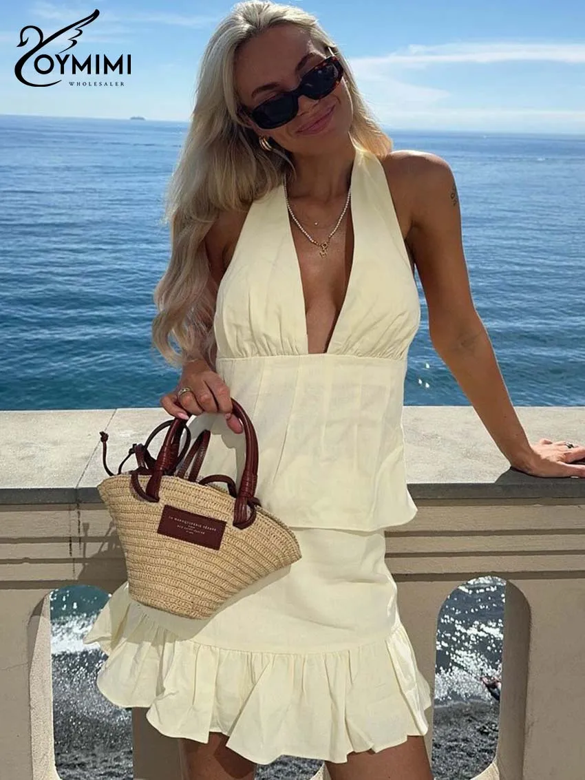 

Oymimi Elegant Beige Cotton 2 Piece Sets Woman Outfit Casual Halter Neck Open Back Blouse And High Waist Pleated Mini Skirts Set
