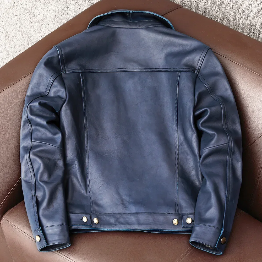 COPERSIAN Vintage Blue Men Leather Jacket Slim Fashion 100% Natural Cowhide Jackets Man Genuine Leather Coat Autumn Spring view 3