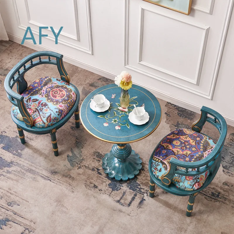 For ZGME Balcony 3 Piece Set Table and 2 Chairs French Vintage Painted Furniture Blue Round Coffee Table and Armchairs