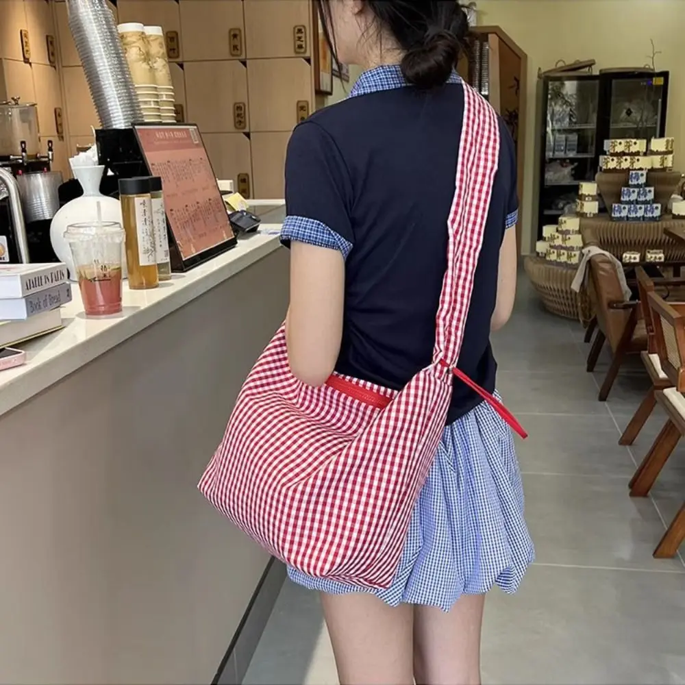 패션 Y2k 격자 무늬 숄더 백 Pleated 한국 스타일 캔버스 크로스 바디 백 Drawstring Ruffles Underarm Bag Girls