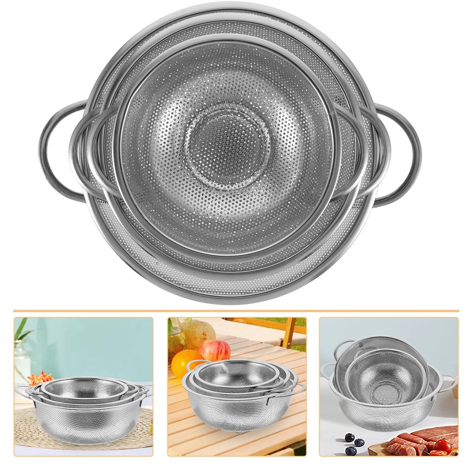 

3Pcs Stainless Steel Washing Basket with Fine Mesh Drainage for Rice Fruits Vegetables Dual Handle Household Colander Kitchen