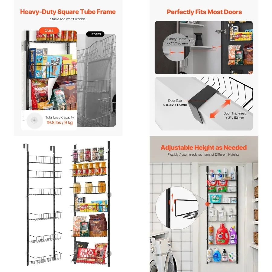 

6Tier Over the Door Pantry Organizer Hanging Storage Rack Adjustable Kitchen
