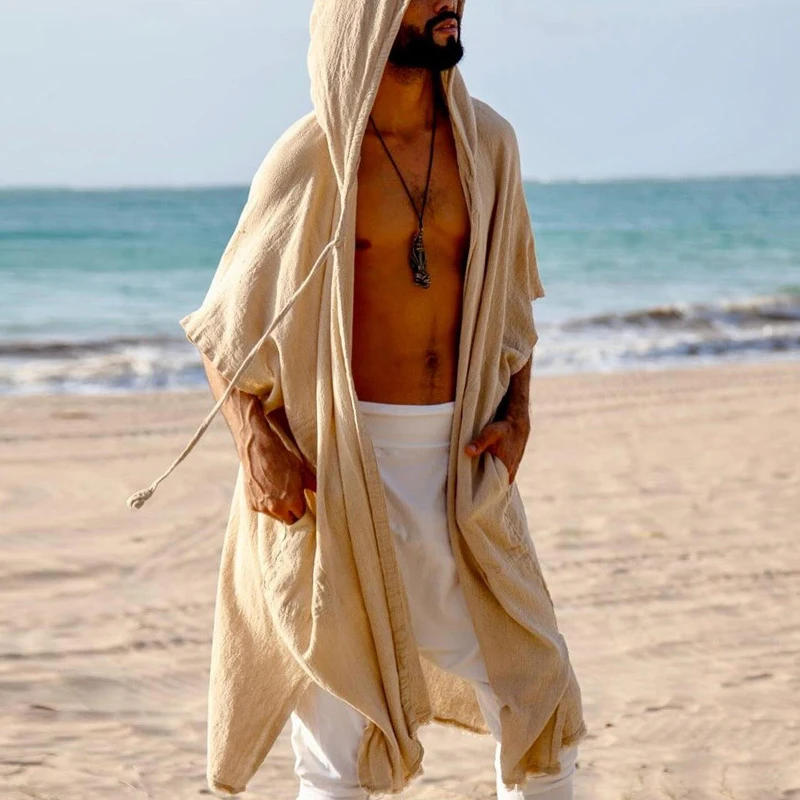 2025 Summer Leisure Breathable Loose Smock Cloak For Men Outdoor Casual Solid Color Long Hooded Robes Mens Vintage Cardigan Tops