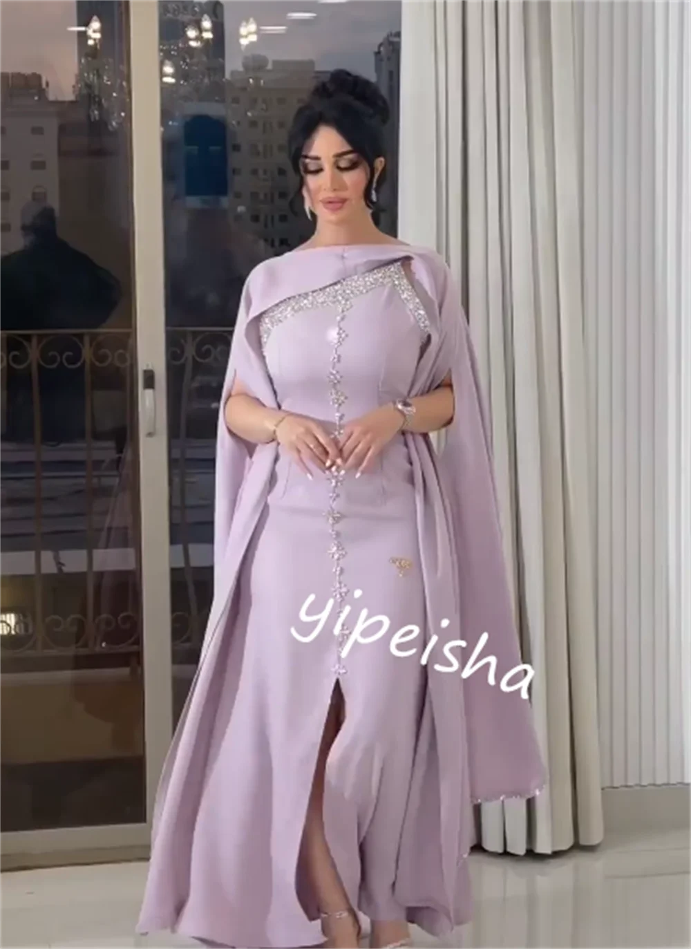 Vestido de noche personalizado de Arabia Saudita, Jersey con cuentas, corte en A, cuello redondo, vestido para ocasión a medida, vestidos largos