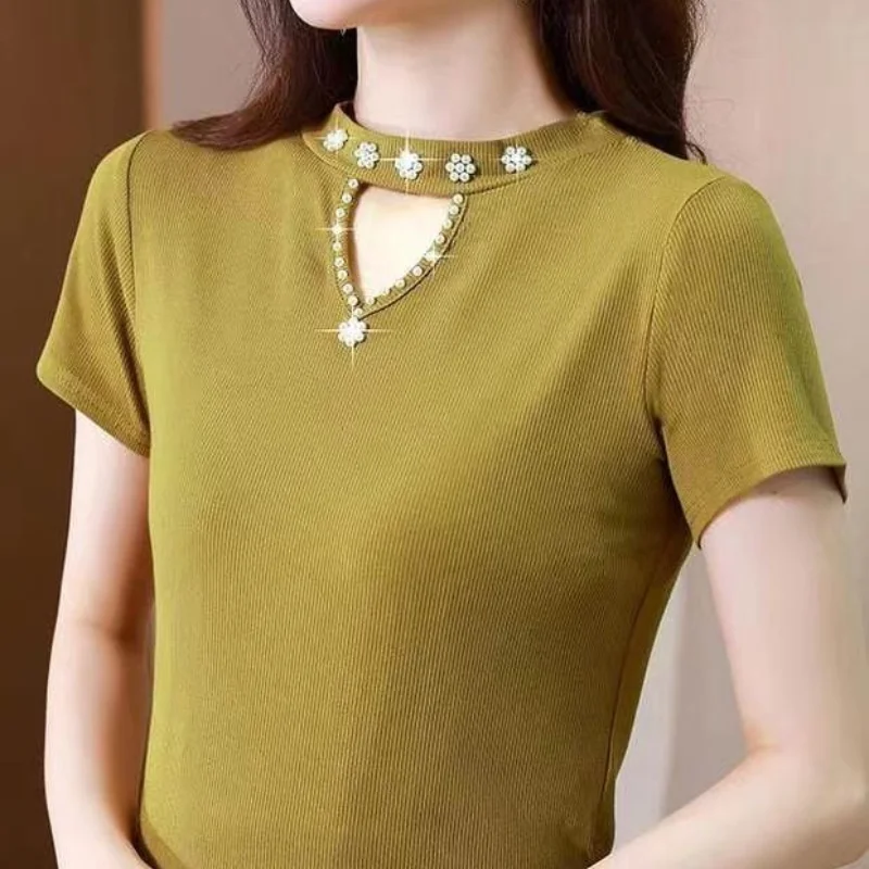 Women Spring New Fashion Sweet Crew Neck Pullovers Base Layers Solid Diamonds Hollow Out Knitted Versatile Short Sleeves Tops