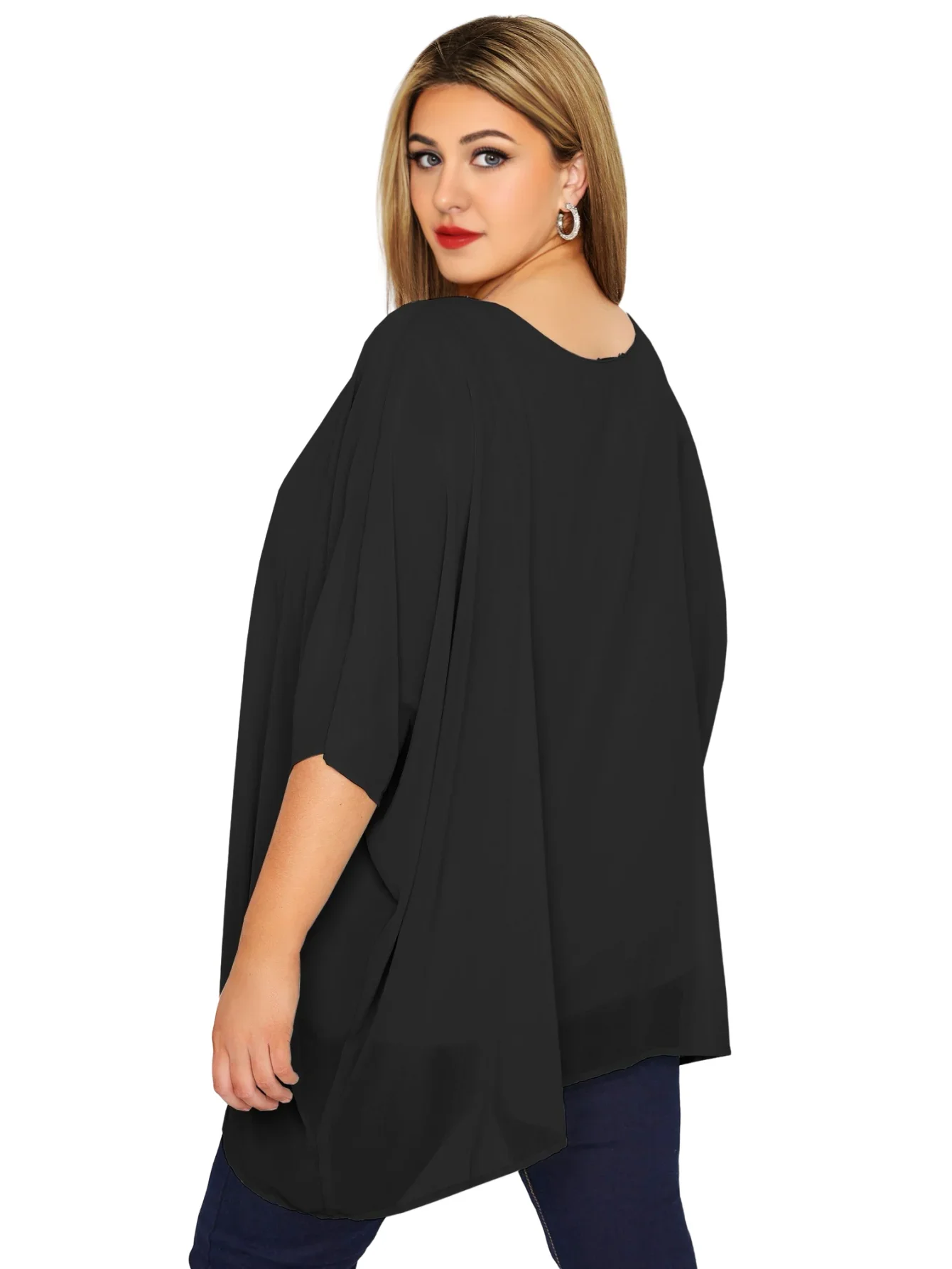 Dames Grote Maat Elegante Zomer Blouse Batwing Mouw Oversized Chiffon Blouse Ronde Hals Grote Maat Casual Tuniek Top Shirt 4xl