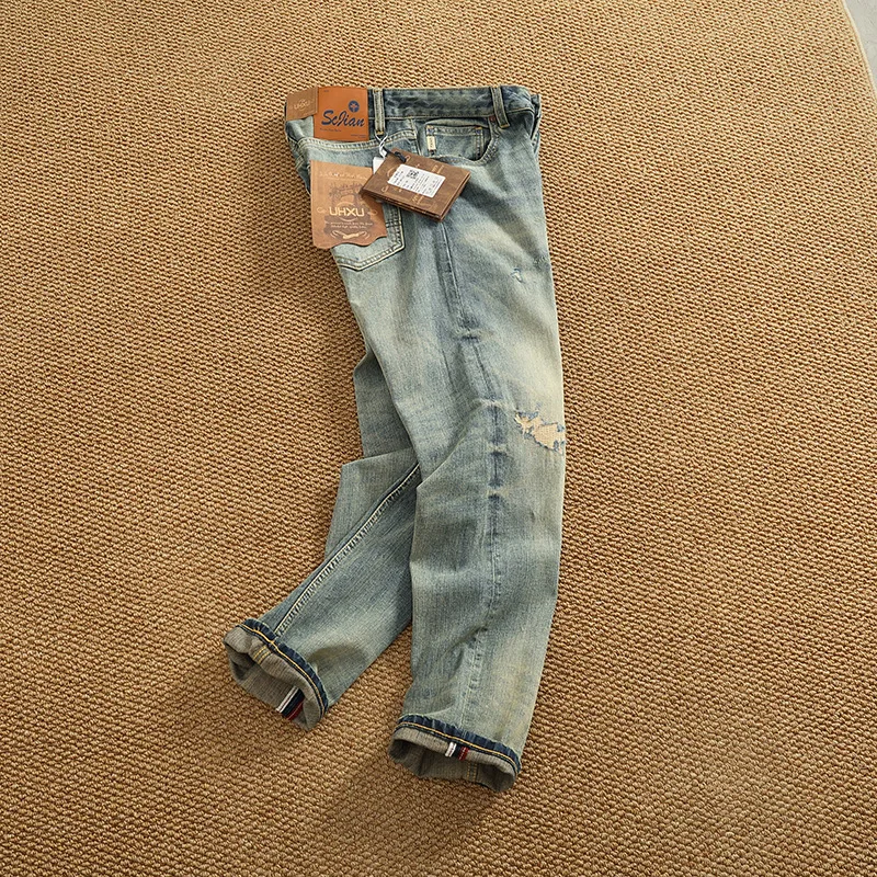 

American retro design patchwork jeans for men, heavy stretch, distressed wash, vintage blue, patched tapered pants, trendy