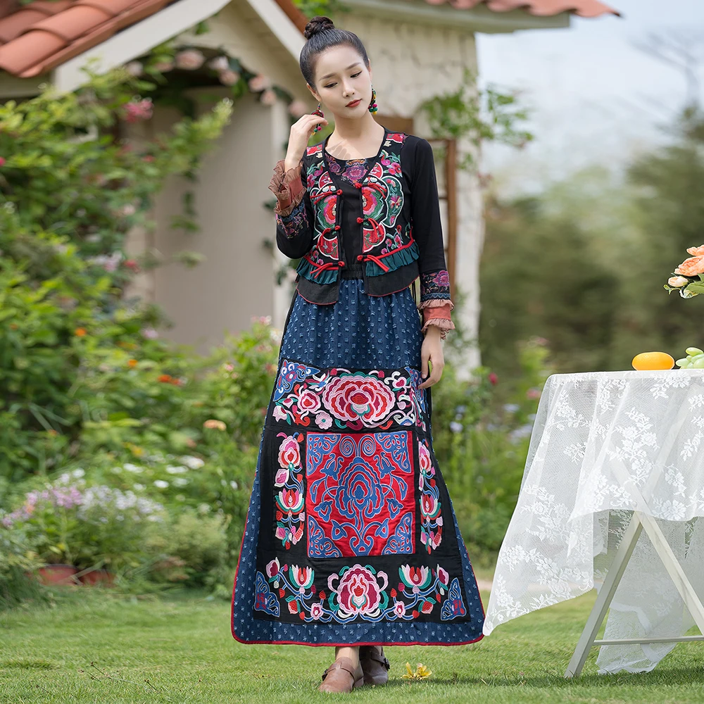 High Waist Cotton Linen Patchwork Heavy Embroidery Vintage mid Length A-Line Skirt Elastic Waist Design Commute Style Skirt