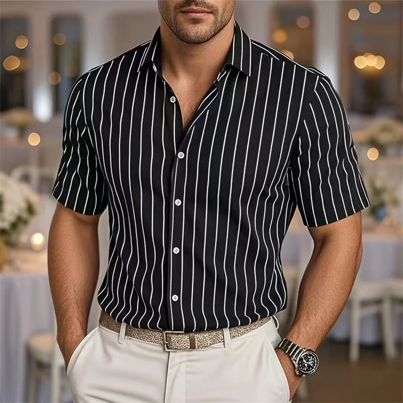 

Fashion Striped Print Men's Short Sleeve Shirt Comfortable Breathable Lapel Button Shirts Daily Business Casual Loose Trend Tops